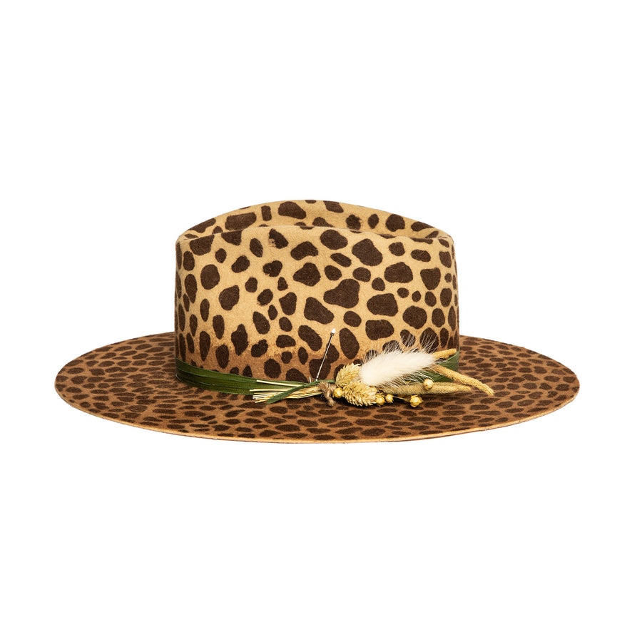 Custom Leopard Print Fedora with floral accent by Hatmaker Alberto Hernandez of Meshika Hats Made in Los Angeles California