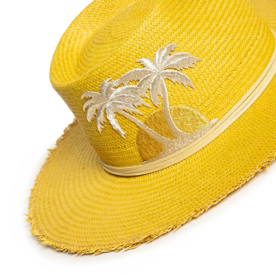 Luxury Handmade Yellow Fedora made with straw by Celebrity Hatmaker Alberto Hernandez of Meshika Hats Located in Los Angeles California